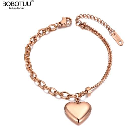 BOBOTUU Boho Titanium Stainless Steel Chain Link Bracelets For Women Original Design Fashion Love Heart Charm Bracelet BB20152