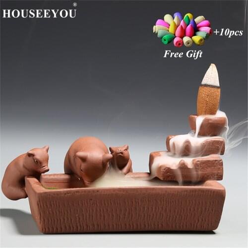 Purple Sand Backflow Incense Burner Holder +10 Incense Cones with Three Small Pig Incense Burner Tower Censer Zen Home Decor