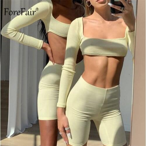 Forefair 2020 Summer Black Long Sleeve Crop Tops Women Set And Women Two Piece Set Sexy Casual Bodycon Outfit Biker Shorts