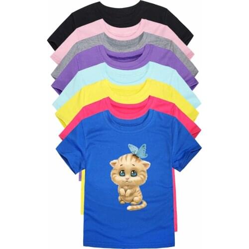 Summer Toddler Kids Tees Cartoon Cotton Baby Boys Girls T-shirts Short Sleeved Casual Cat Pattern Children Clothing Tops Tshirt