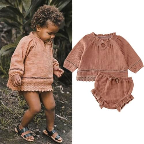 2Pcs Toddler Baby Girls Clothes Suit 0-24 Months Long Sleeve Lace Tops Ruffle Bloomers Shorts Newborn Cotton Linean Outfits