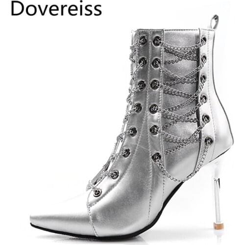 Dovereiss Fashion Womens Shoes Winter Sexy silver Zipper SMetal chain hort boot Elegant sexy Concise Stilettos heels Mature 48