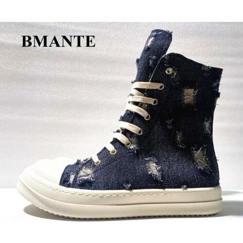 Bmante Men Shoes Canvas Denim Hole Lace Up Trainers Sneakers Dark Gothic High Street Mens Sneakers Owen Luxury Genuine Leather
