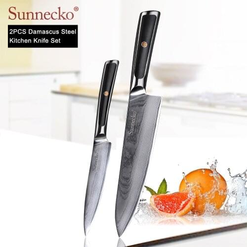 SUNNECKO 2PCS Kitchen Knives Set Chef Utility Knife Damascus Japanese VG10 Core Steel Blade G10 Handle Meat Fruit Cutting Tools