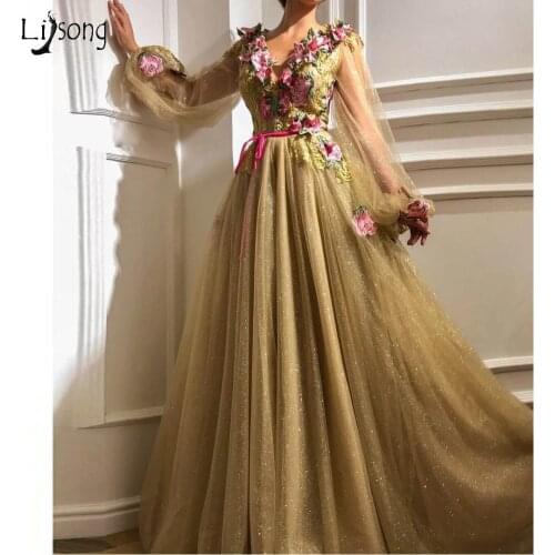 Charming Sparkle Gold Tulle Evening Dresses Puffy Full Sleeves Formal Dress Pretty 3D Flower A-line Evening Gowns
