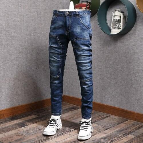 Autumn Winter Blue Patchwork Jeans Men Motorcycle Straight Slim Fit Pants Mens Denim Trousers