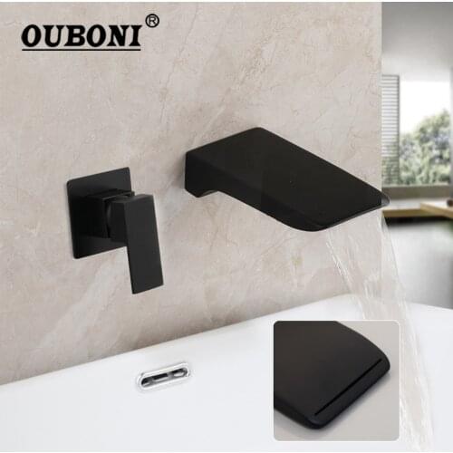 OUBONI Matte Black Bathroom Bathtub Faucet Wall Mounted Soild Brass Waterfall Water Basin Sink Bathtub Mixer Tap Faucet Set