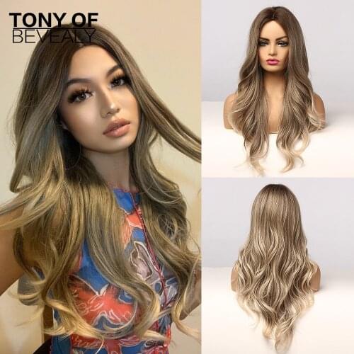 Long Wavy Ombre Blonde Hair Wigs Middle Part Natural Synthetic Wigs for Afro Women Daily Cosplay Fashion Heat Resistant Wigs