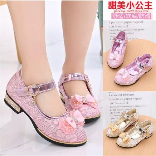 2021Hot Children Leather Shoes Fashion Lace Bead Bowtie Low Heel Shoes Spring Kids Girls Princess Performance Shoes Size 27-37