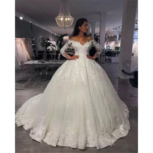 Puffy Ball Gown Long Sleeve Sequins Tulle Lace Beaded Crystal Luxury Wedding Dresses Bridal Wedding Gown Custom Size LS39