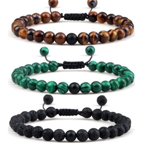 Handmade Adjustable Bracelet 6mm Natural Stone Tiger Eye Lava Beads Yoga Bracelets for Women Men Couple Distance Pulsera Jewelry