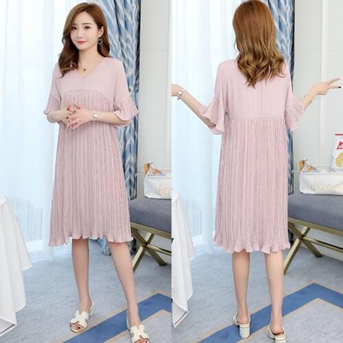 Chiffon Pleated Pregnancy Clothes Maternity Dresses For Pregnant Women Summer Loose Short Sleeve V neck Dress Maternity Vestidos