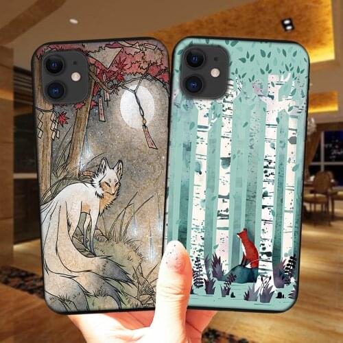 Birches The Wish Kitsune Fox Deer Yokai Phone Case For iPhone 11 12 Pro XS Max X XR 6 6S 7 8 Plus 12Mini Black Silicone Cover