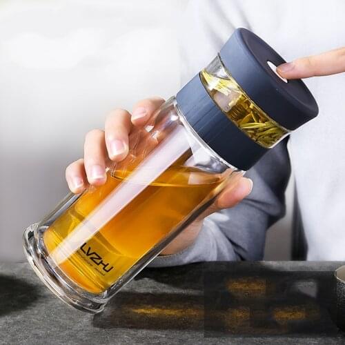 400ML Business Type Water Bottle Glass Bottle with Stainless Steel Tea Infuser Filter Double Wall Glass Sport Water Tumbler