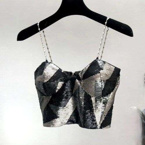 DIsco camisole tops women sequined crop tops sexy women rhinestones chain strap camis tops