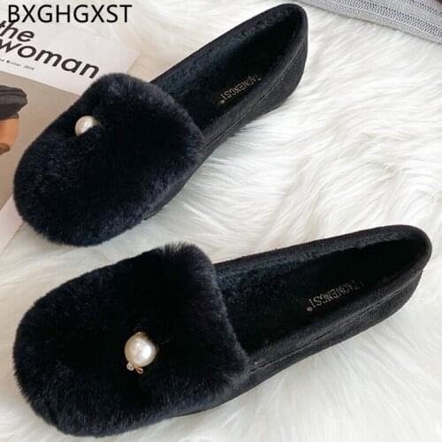 Round Toe Casual Flats Boat Shoes Women Pearl Slip on Shoes Women 2021 Black Fur Loafers Women Shoes Chaussure Zapatos De Mujer