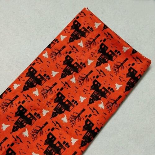 Vintage Orange Halloween Black Castle White Ghost Printed Cotton Fabric 50x105cm Fabric Patchwork for Cloth Dress Home Decor
