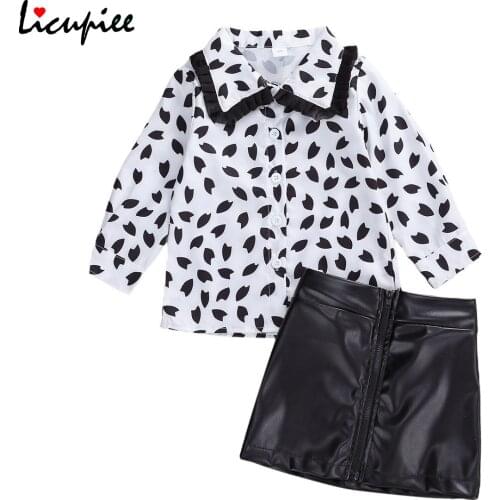 Baby Girls Skirt Two Piece Suit Fashion Print Lapel Long Sleeve Top and Solid Color Leather Short Skirt 2-7 Years