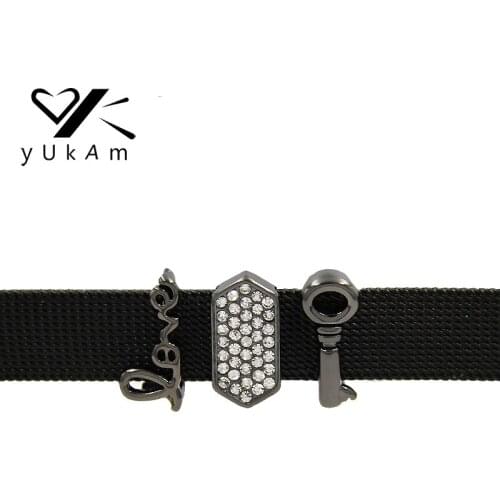 YUKAM Gun Black Rhinestone Forever Love Small Keys Crystal Bar Slide Charms for Mesh Keeper Bracelets Jewelry Accessories Making