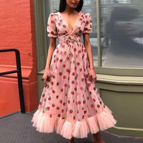 Women Vintage Floral Dress Strawberry Dress Elegant Sexy V Neck Puff Sleeve Mesh Party Dress 2021 New Princess Dress Female Robe