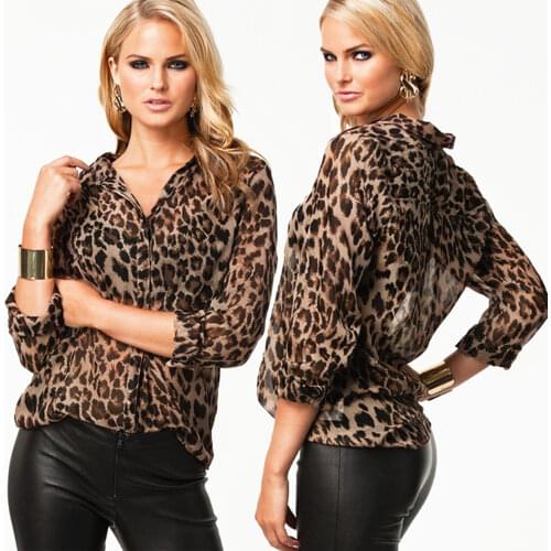 Casual Womens Tops Fashion Summer Leopard Print Long Sleeve Women Chiffon Blouse Shirt Turn-Down Collar Multi Size SV03 Cb032822