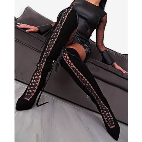 Woman Stiletto over the knee super long boots sexy hollow cross strap woman over knee slim lace up boots