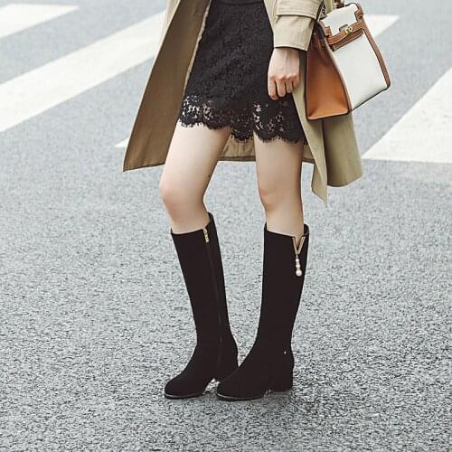 Women Suede Knee High Boots Fashion Round Toe Winter High Boots Casual high Heels Long Slim Boots Ladies Size 31-43