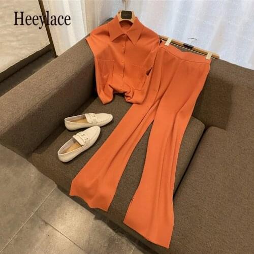 Plus Size Office Ladies Solid Two Pieces Sse For Women Single Breasted Turn Down Collar Top And Long Pants Sets Workwear Outfits