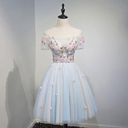 Off Shoulder Short Flowers Appliques Blue Tulle Cocktail Graduation Homecoming Dresses Elegant Party Formal Dress 2020