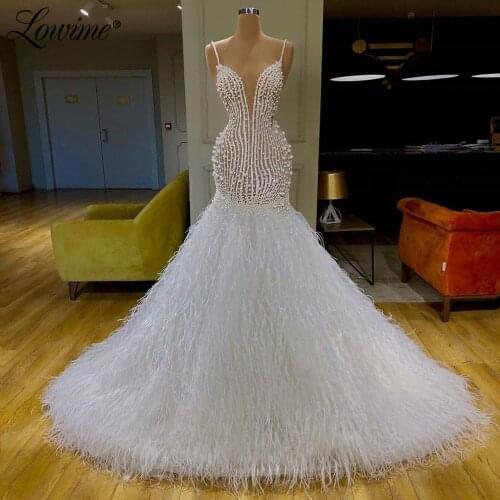 Robe De Soiree Dubai Design White Feather Party Dresses Mermaid Pearls Custom Evening Gown Formal Dress Long Prom Dress Vestidos