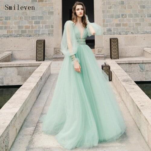 Smileven Mint Green Formal Evening Dresses V Neck Vestido de festa longo Puff Sleeve Long Prom Party Gowns