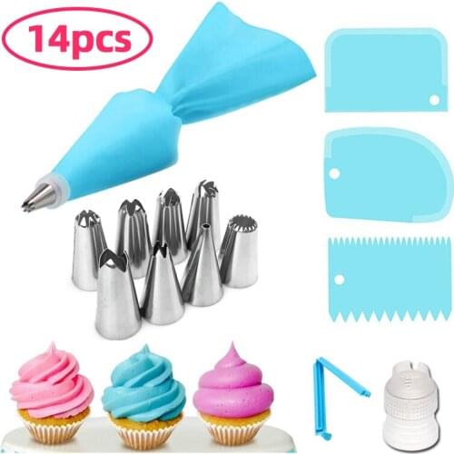 14Pcs/set Cake Decorating Tools Silicone Pastry Bag+Stainless Steel Icing Piping Nozzles+Cream Cake Scraper Cutters Spatula Knit