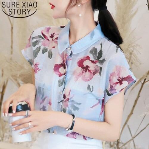 2021 Summer Fashion Women Chiffon Blouses Short Sleeve Turn-down Collar Women Clothing Casual Floral Women Chiffon Tops 5101 50