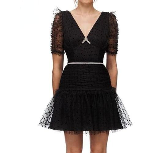 2021 Black Mesh Polka Dot Rhinestones Summer Dress For Women V-Neck Puff Short Sleeve High Waist Runway Dresses Female Clothes