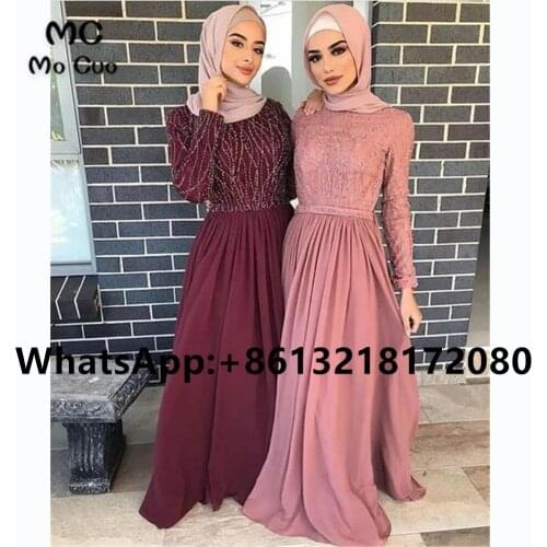2021 Muslim Long Sleeve Prom Evening Dresses Beading Chiffon Robe De Soiree Party Prom Dresses