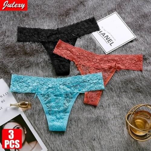 3pcs/lot Julexy Sexy Transparent Lace Hollow Out Women Panties Cotton Crotch Lingerie Breathable Underwear Thong Female G-string