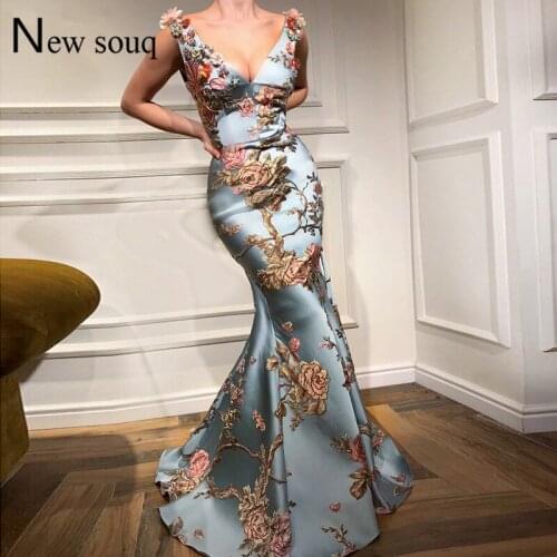 Arabic Dubai V Neck Evening Dress Formal Gown Handmade Flowers Middle East Women Wedding Party Gowns 2018 Custom Prom Dresses