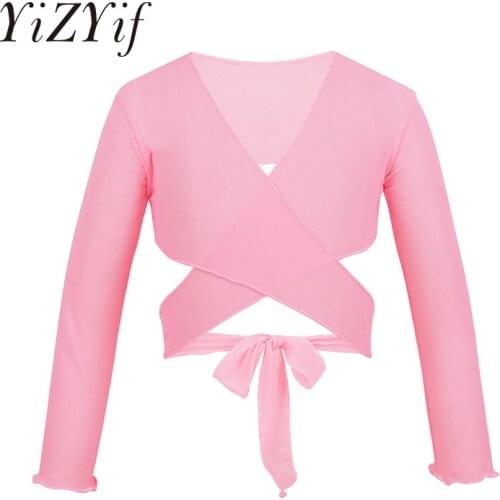 Ballet Dancewear For Kids Girls Classic Mesh Ballet Costume Long Sleeve Wrap Top with Adjustable Tie Closure Ballerina Dancing