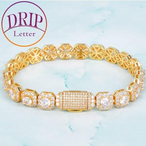 9mm Square Mens Gold Color Bracelet Chain Hip Hop Finish Zircon Copper Link Fashion Rock Jewelry