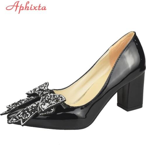 Aphixta Elegant Square Heels Patent Leather Official Pumps Women Bling Sequins Butterfly-knot Pointed Toe Dress Shoes Woman