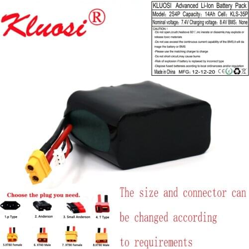 KLUOSI 2S4P 7.4V 14Ah 8.4V High Capacity UAV Rechargeable Li-ion Battery for Various RC Airplane Drone Quadrotor XH2.54-3P XT60