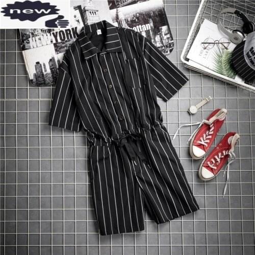 Japan Style Vintage Hip Hop Striped Short Sleeve Rompers Jumpsuit Knee Length Pants Summer Pocket Loose Fit Overalls Men