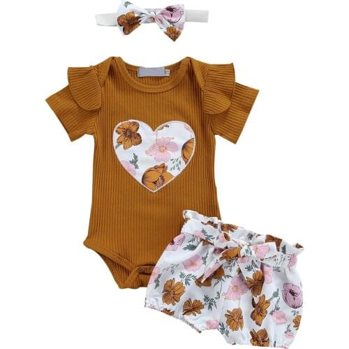 2021-04-26 Lioraitiin 3Pcs Set 0-24M Infant Baby Girl Summer Fashion Clothing Short Sleeve Heart Romper Floral Shorts Headband