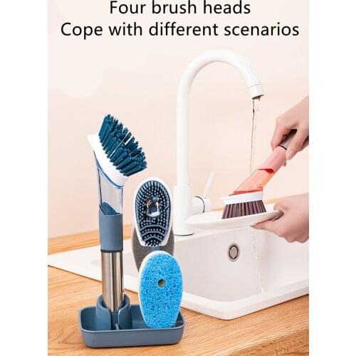 Kitchen Cleaning Brush 2 In1 Pot Dish Brush Set Long Handle Pan Brush Set Refill Dispensing with Removable Cleaning Sponge Brush