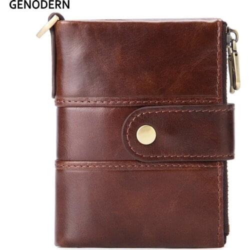 GENODERN Fashion New Men Wallet Double Zipper Male Purse with Coin Card Holder Genuine Leather Wallet for Men
