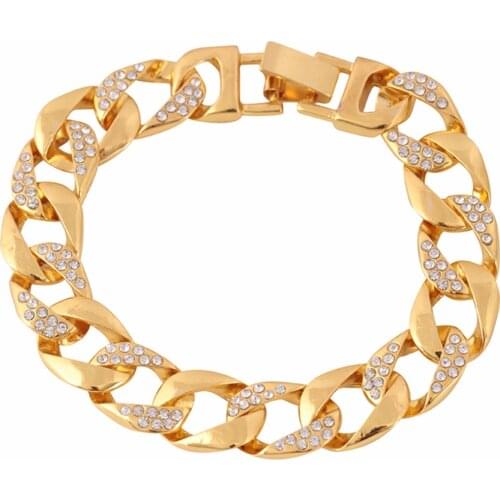 Men Hip Hop Cuban Link Chain Bracelet Fashion Crystal Gold Color Hand Chain Luxucy Jewelry Gift For Women Party Daily Wear