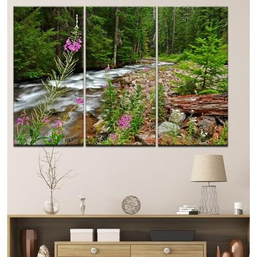 Wall Art Pictures Home Decor Posters Frame Living Room 3 Pieces Forest River Falls Natural Scenery HD Canvas Printed Painting