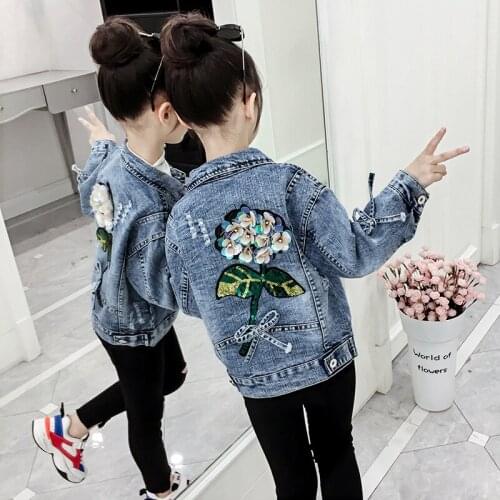 New 2020 Sequin Floral Jeans Jackets For Baby Big Girls Novelty Spring Denim Coats Clothing Children Fashion Outerwear Coat Kids