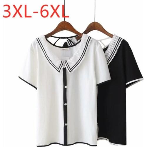 New 2021 Ladies Summer Plus Size Tops For Women Large Short Sleeve Loose Cotton Button White Black Lace T-Shirt 3XL 4XL 5XL 6XL