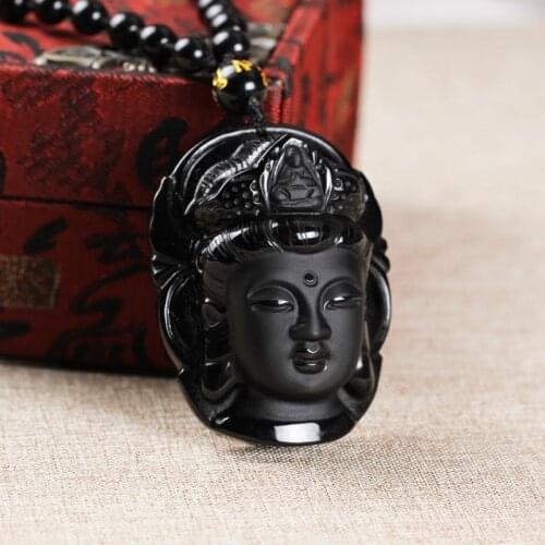 Natural Stone Obsidian Guanyin Buddha Pendant Necklace Lucky Amulet Bead Chain Necklace For Woman Men